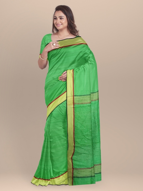

BharatSthali Green Solid Pure Handloom Linen Bhagalpuri Sustainable Saree