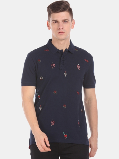 

Ed Hardy Men Navy Blue Printed Polo Collar T-shirt