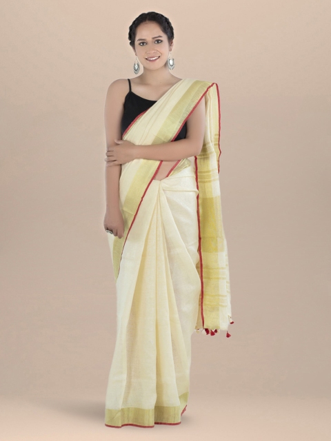

BharatSthali Cream-Coloured Solid Pure Linen Bhagalpuri Sustainable Saree