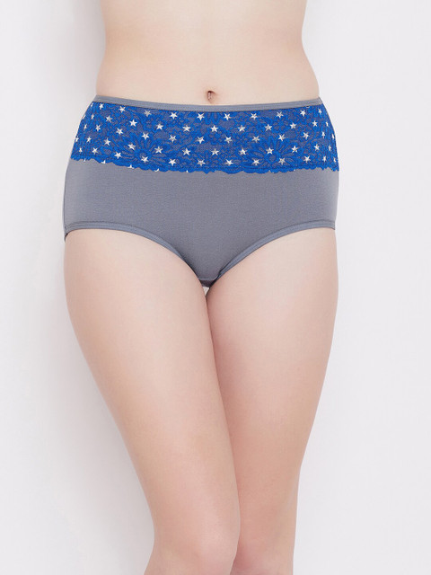 

Clovia Women Grey & Blue Printed High-Rise Lace Hipster Briefs-PN3305I08S