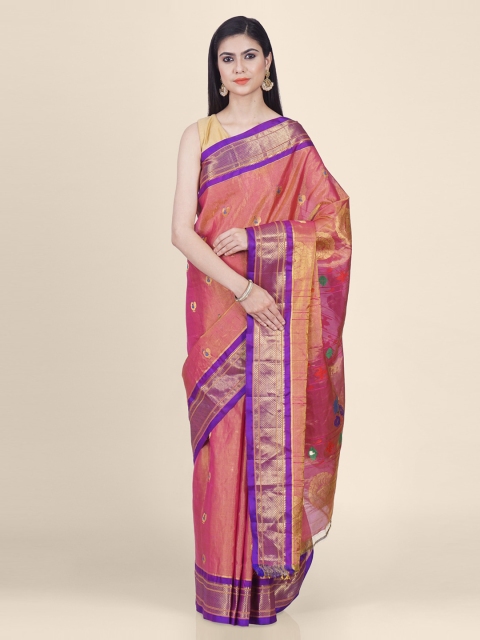 

Hastakala Peach-Coloured & Purple Handloom Pure Silk Woven Design Paithani Saree