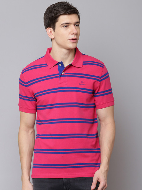 

GANT Men Pink & Blue Striped Polo Collar T-shirt