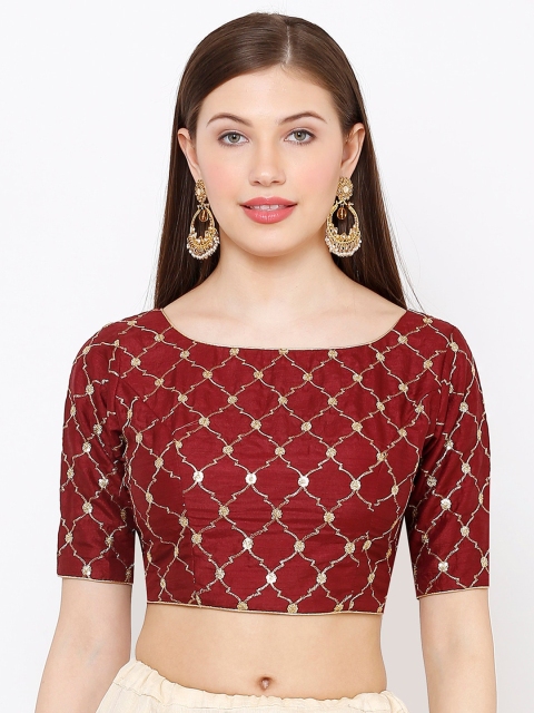 SALWAR STUDIO Women Maroon Embroidered Readymade Saree Blouse
