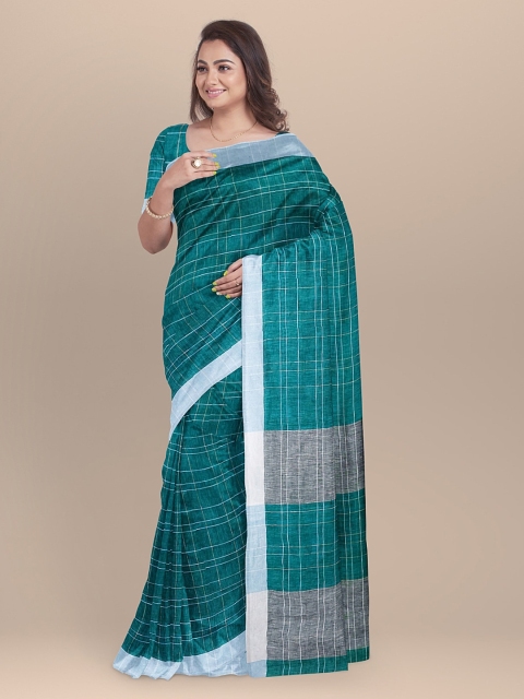 

BharatSthali Green Checked Pure Linen Handloom Bhagalpuri Saree