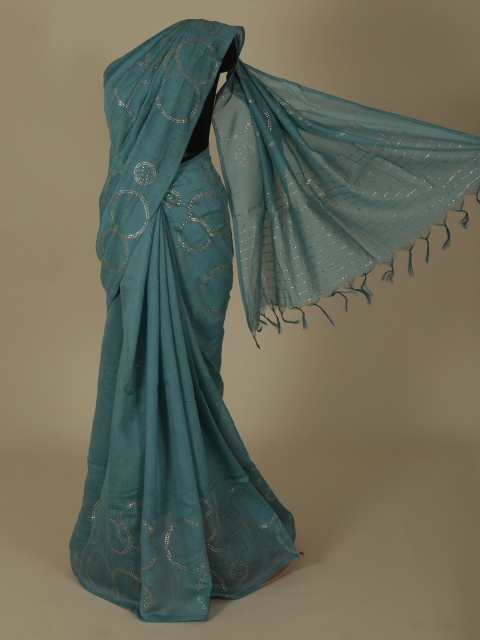 

Pothys Blue Printed Linen Blend Saree