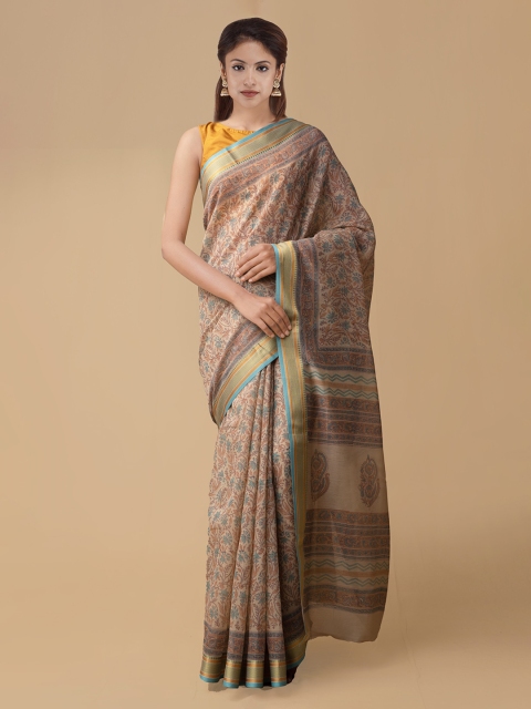 

Unnati Silks Brown & Gold-Colooured Cotton Blend Printed Chanderi Saree