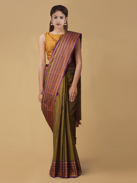 

Unnati Silks Green Solid Pure Kanchi Cotton Handcrafted Saree