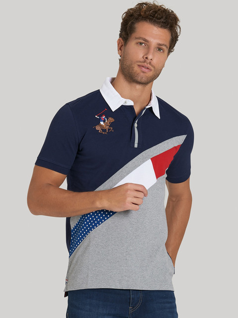 

Beverly Hills Polo Club Men Navy Blue & Grey Colourblocked Polo Collar T-shirt