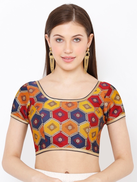 

SALWAR STUDIO Women Navy Blue & Yellow Woven Design Brocade Readymade Saree Blouse