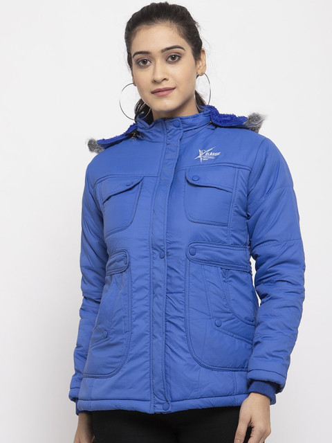

KLOTTHE Women Blue Solid Windcheater Padded Jacket with Detachable Hood