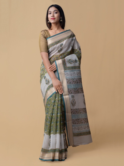 

Unnati Silks White & Green Cotton Blend Printed Chanderi Handloom Saree
