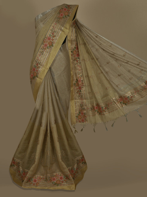 

Pothys Cream-Coloured & Gold-Toned Tissue Striped Saree
