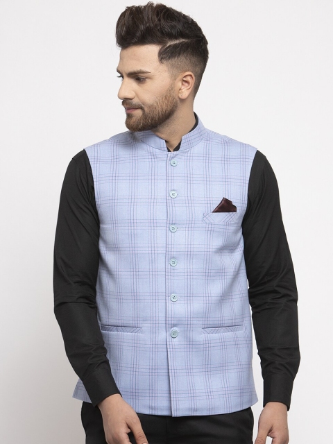 

NEUDIS Men Blue Checked Nehru Jacket