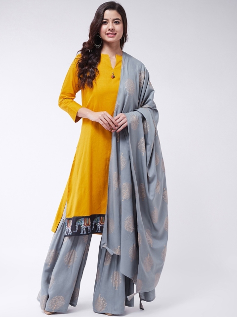 

InWeave Women Mustard Yellow & Grey Solid Kurta with Sharara & Dupatta