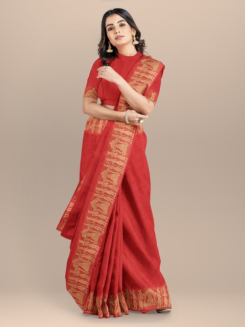 

BharatSthali Red Solid Pure Cotton Handloom Kovai Saree