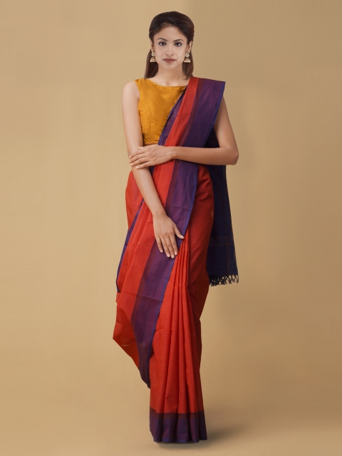 

Unnati Silks Red Solid Handloom Pure Kanchi Cotton Saree