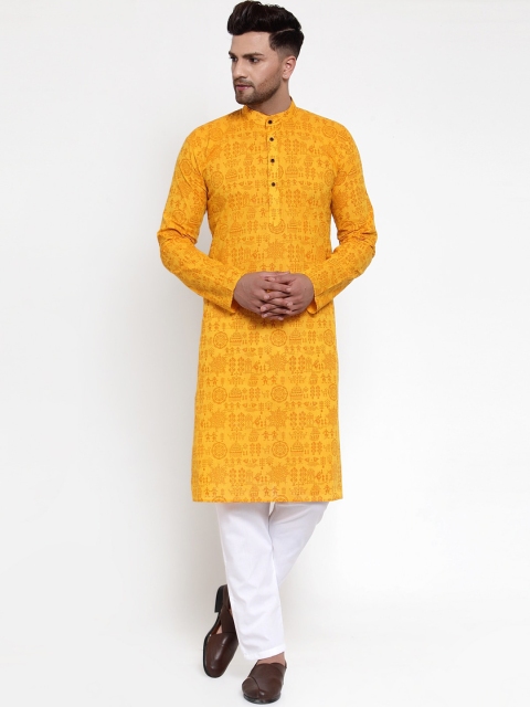 

Jompers Men Mustard Yellow Printed Kurta with Pyjamas
