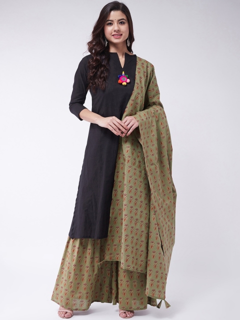 

InWeave Women Black & Green Solid Kurta with Sharara & Dupatta