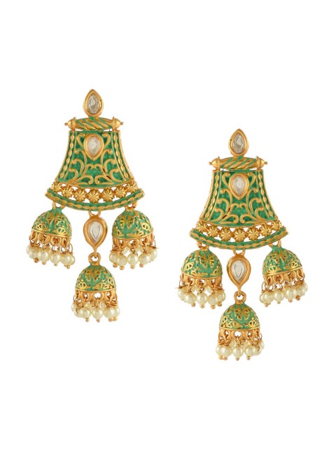 

Imittire Green & Gold-Plated Kundan Geometric Jhumkas