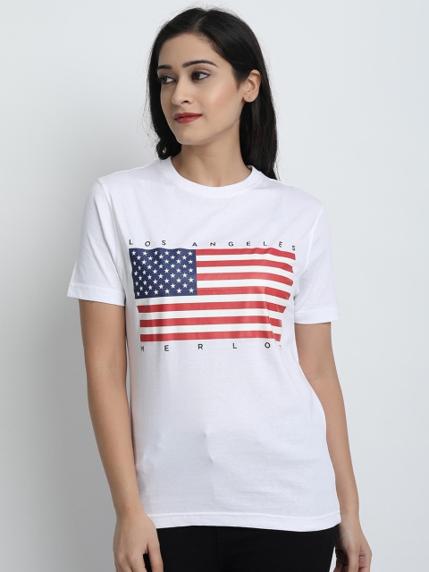 

MERLOT WomenWhite Printed Round Neck T-shirt, White