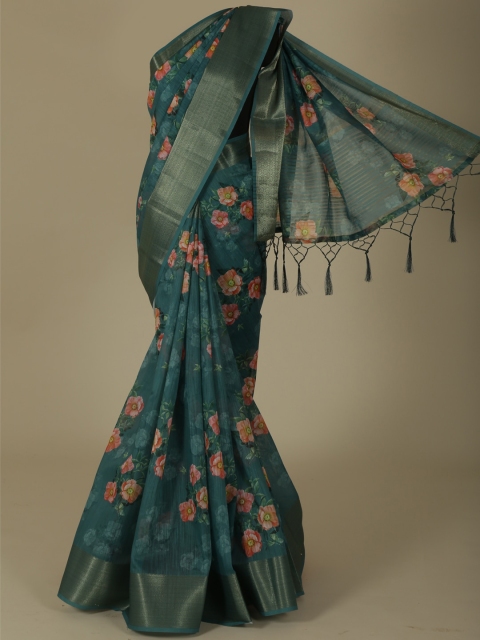 

Pothys Blue & Pink Linen Blend Printed Saree