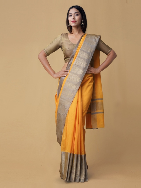 

Unnati Silks Yellow & Gold-Coloured Silk Cotton Woven Design Banarasi Handloom Saree