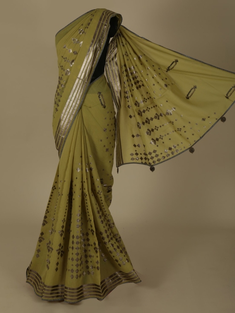 

Pothys Green & Silver-Toned Jute Silk Printed Saree