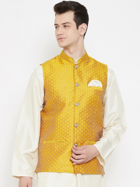 

even Men Yellow Woven Design Silk Nehru Jacket