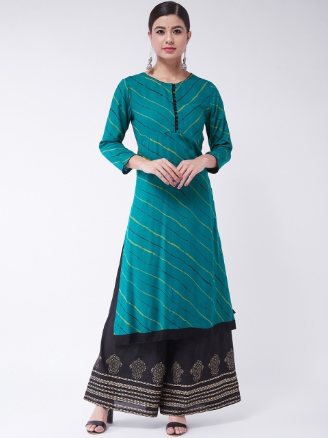 

InWeave Women Green & Black Striped Kurta with Skirt