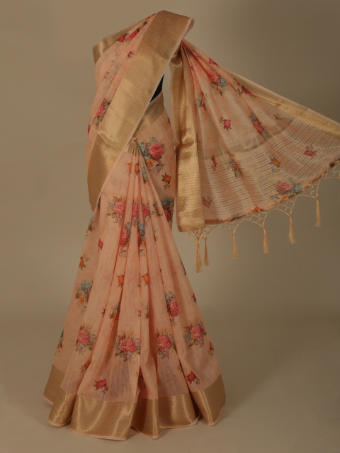

Pothys Peach-Coloured Printed Linen Blend Saree