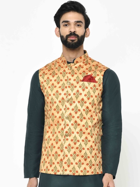 

Vartah Men Yellow & Red Printed Nehru Jacket