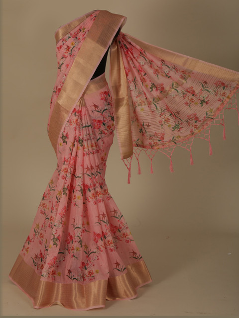 

Pothys Pink & Red Linen Blend Printed Saree