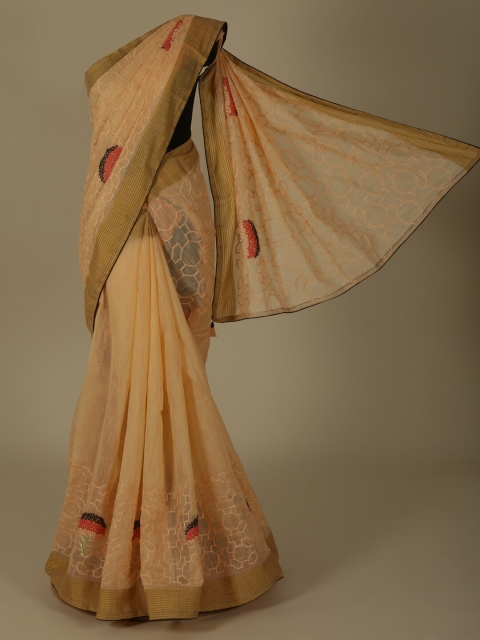 

Pothys Peach-Coloured Embroidered Linen Blend Saree