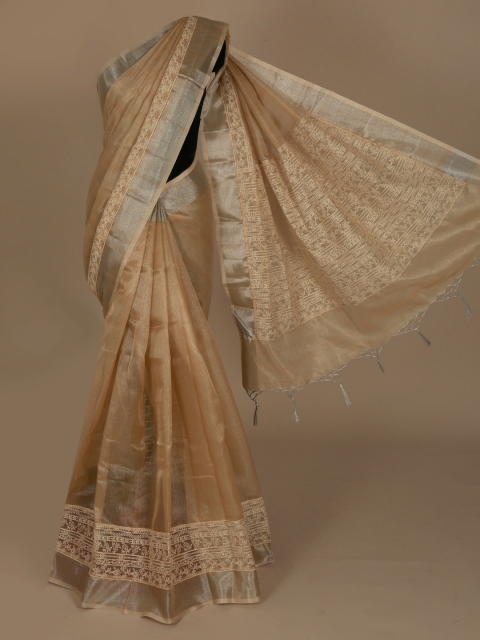 

Pothys Cream-Coloured & Brown Tissue Solid Saree
