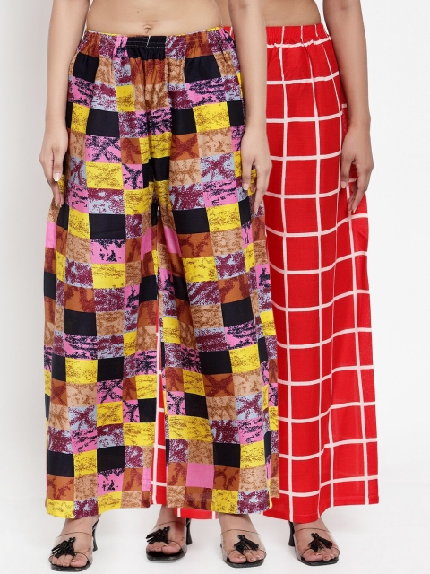 

NEUDIS Women Pack of 2 Checked Wide Leg Palazzos, Red