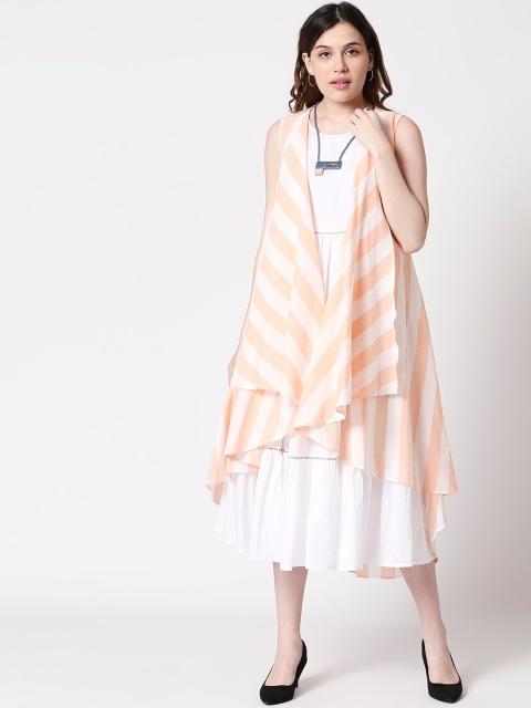 

TERQUOIS Women Peach-Coloured & White Striped Layered A-Line Dress