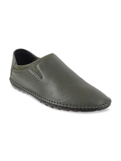 

Metro Men Green Solid Leather Formal Slip-Ons