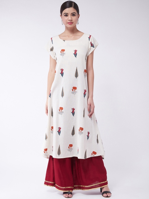 

InWeave Women White & Maroon Printed Kurta with Palazzos