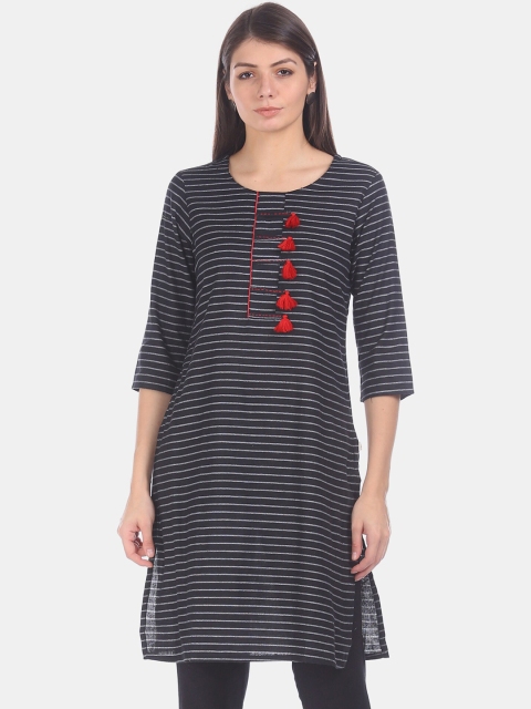 

Karigari Women Black & White Striped Straight Kurta