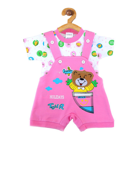 

ICABLE Unisex Kids Pink & White Printed T-shirt & Dungaree Set