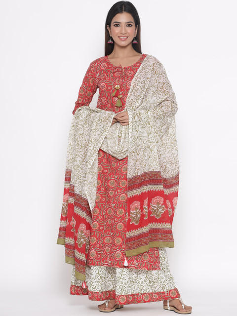 

Silai Bunai Women Red & White Printed Kurta with Palazzos & Dupatta