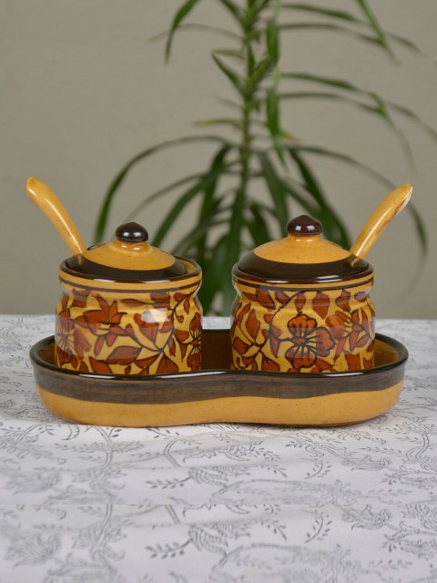 

StyleMyWay 6 Pcs Brown & Mustard Yellow Printed Ceramic Pickle Jar with Spoon & Tray