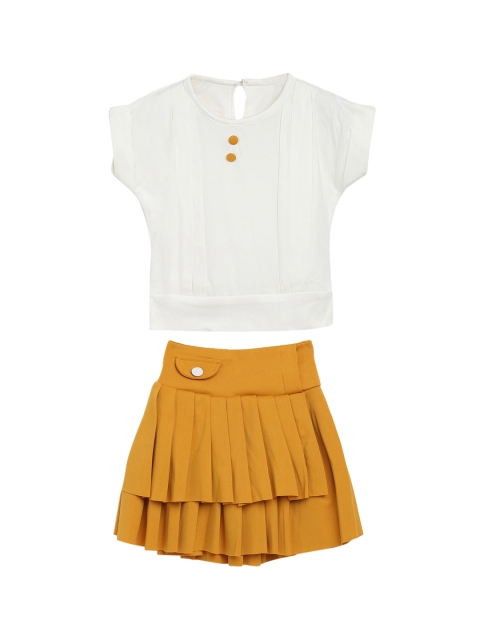 

ADIVA Girls White & Mustard Yellow Solid Top & Skirt Set