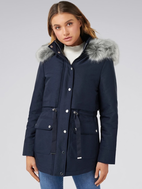 

Forever New Women Navy Blue Solid Parka with Detachable Hood
