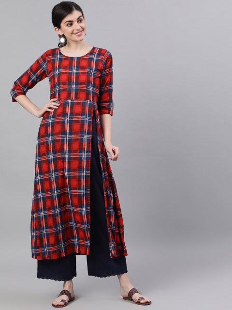 

Nayo Women Red & Navy Blue Checked Anarkali Kurta