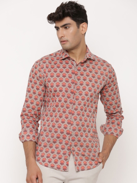 

Tistabene Men Grey & Orange Regular Fit Printed Casual Shirt