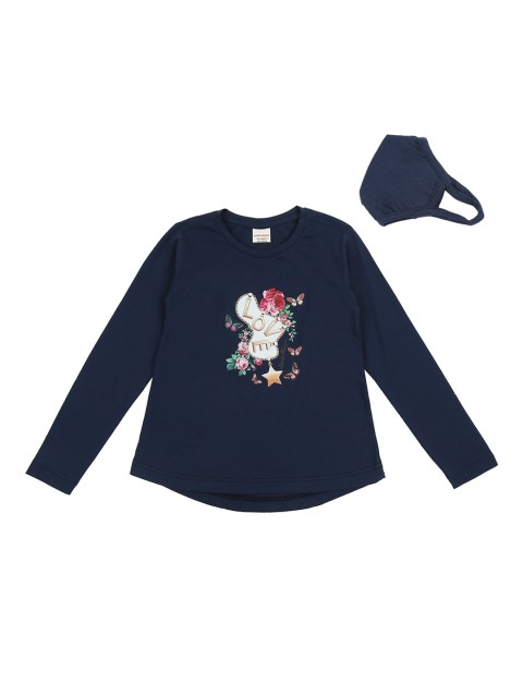 

RAINE AND JAINE Girls Navy Blue Printed Round Neck T-shirt with Mask
