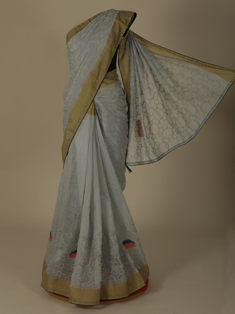 

Pothys Grey Embroidered Linen Blend Saree
