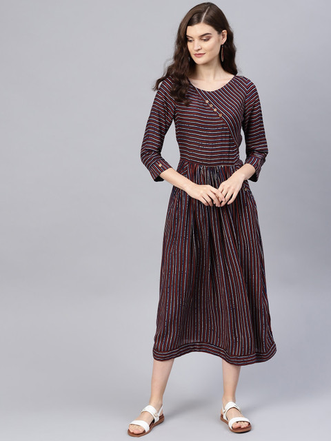 

Tulsattva Women Maroon Striped A-Line Dress