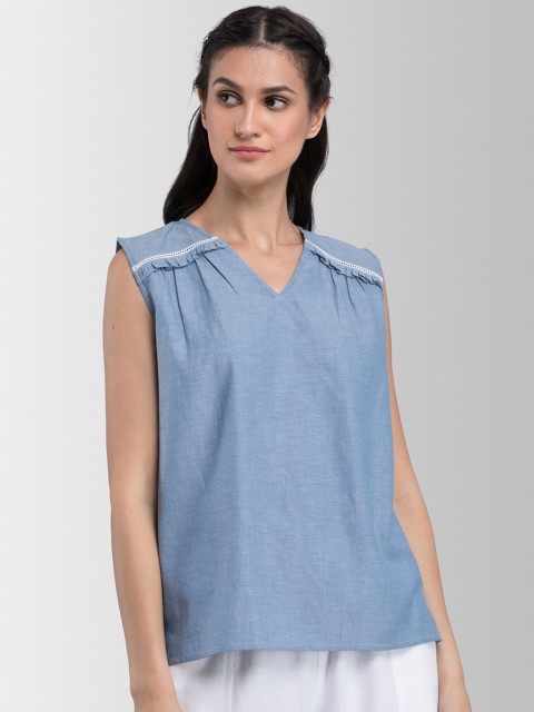 

FableStreet Women Blue Solid Chambray Cotton Pure Cotton Top